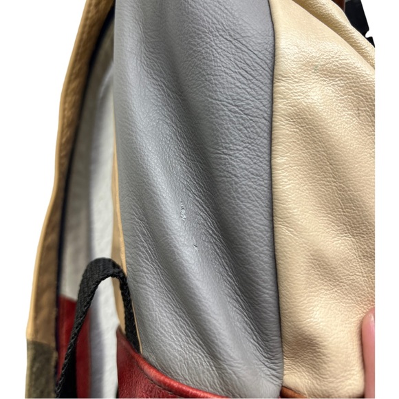 VTG 90's Gray Brown Cream Red Leather Mini Backpack with Zipper Straps - Picture 4 of 16